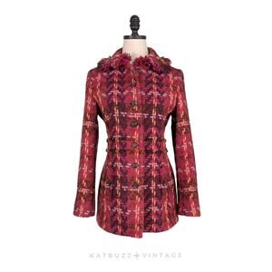 Y2K Tweed Jacket Coat 6 Pink Orange Wool Classic Blazer Chunky Retro Academia